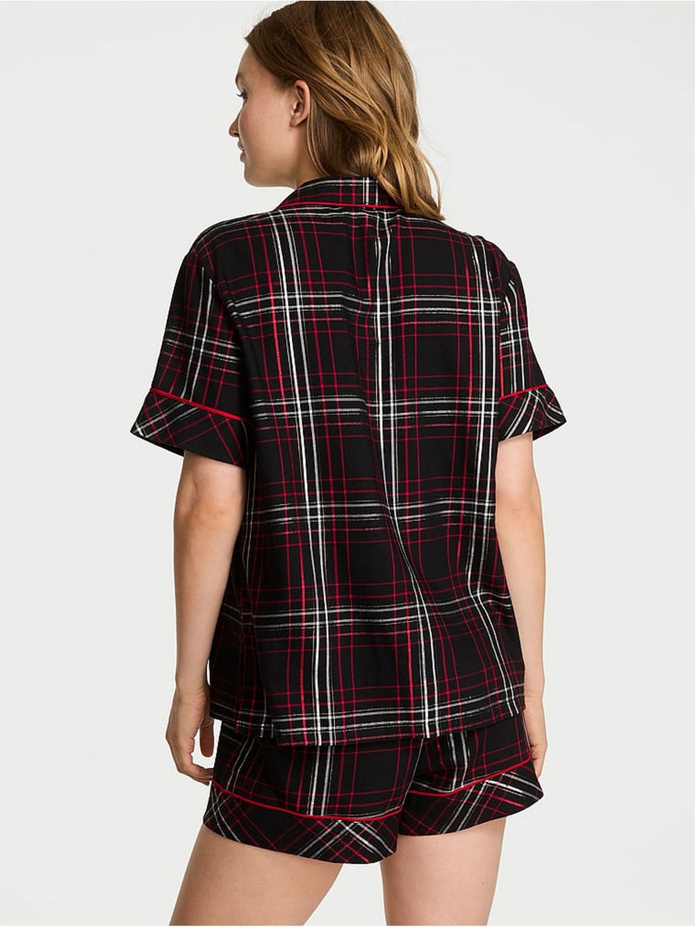 NWOT Victoria’s Secret Flannel Short Pajama Set Black / White / Red Button Down - Picture 2 of 9